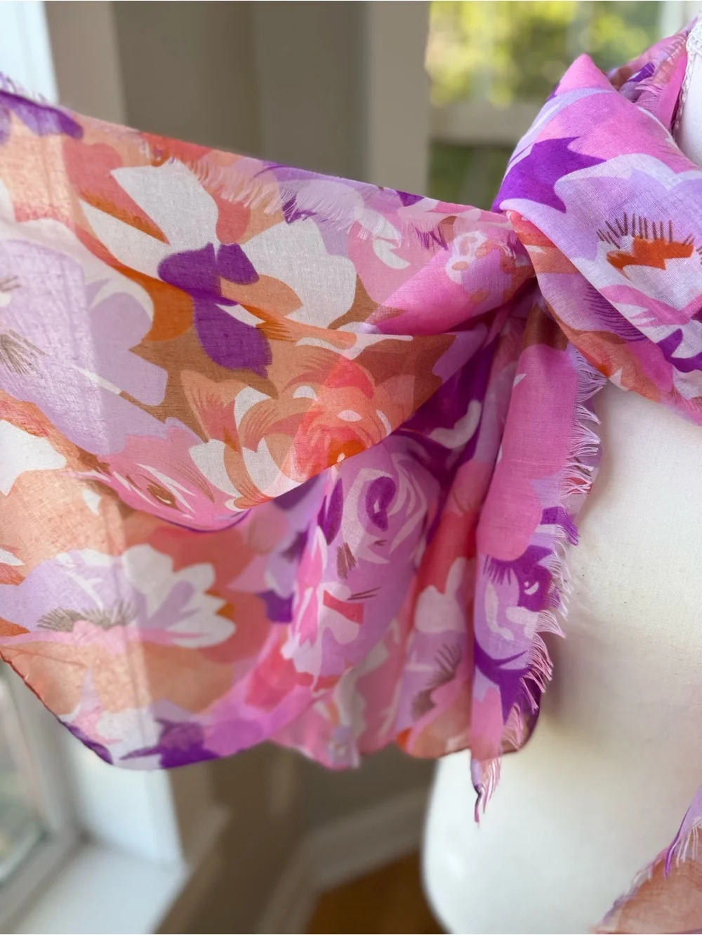Vintage Pink & Purple Floral Scarf with Coral Accents and Fringe